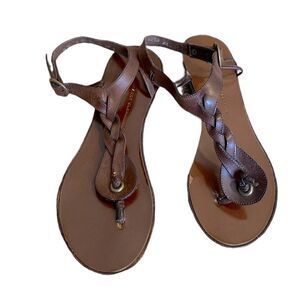 Robert Clergerie T Strap Brown Braided Sandals Size 6.5